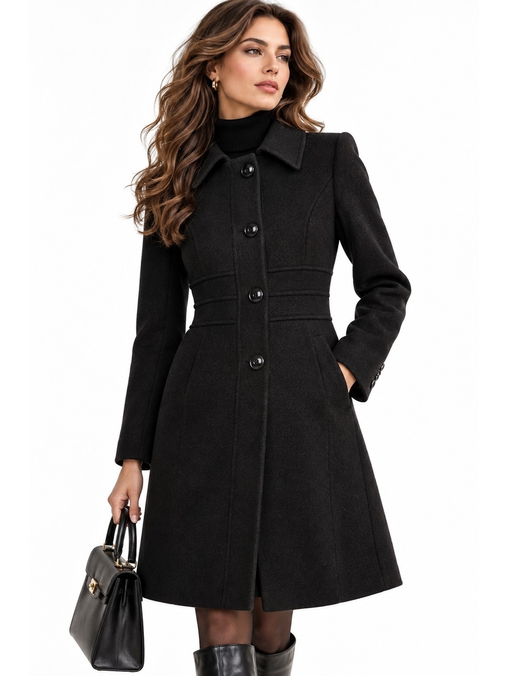 Anne Klein Lambswool Cashmere Tailored Fit & Flare Black Coat Size 8